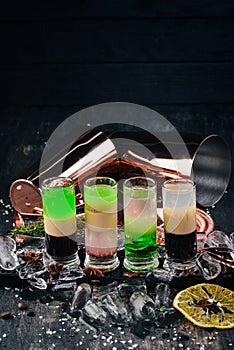 Set of alcoholic cocktails. Bar.