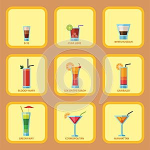 Set of alcoholic cocktails cards fruit cold drinks tropical cosmopolitan freshness party alcohol sweet tequila vector