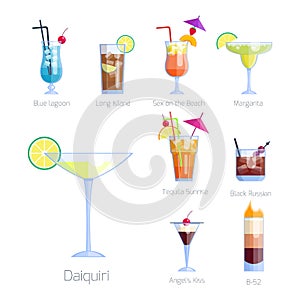 Set of alcoholic cocktails fruit cold drinks tropical cosmopolitan freshness collection and party alcohol sweet