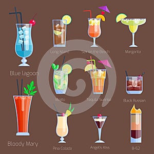 Set of alcoholic cocktails fruit cold drinks tropical cosmopolitan freshness collection and party alcohol sweet