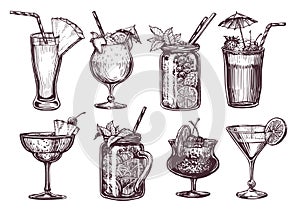 Set alcoholic cocktails. Hand drawn sketch style drinks for restaurant or bar menu. Vector engraving illustration