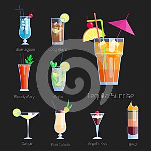 Set of alcoholic cocktails isolated fruit cold drinks tropical cosmopolitan freshness collection and party alcohol sweet