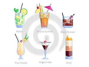 Set of alcoholic cocktails isolated fruit cold drinks tropical cosmopolitan freshness collection and party alcohol sweet