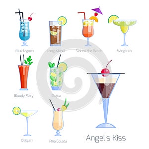 Set of alcoholic cocktails isolated fruit cold drinks tropical cosmopolitan freshness collection and party alcohol sweet