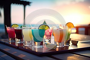 A set of alcoholic cocktails for a party on the table. Blurred evening sunset background. Generative AI