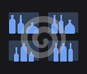 set of alcoholic drinks bottles on black background