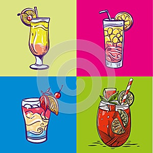 Set alcoholic drinks, cocktails. Summer holiday and beach party concept