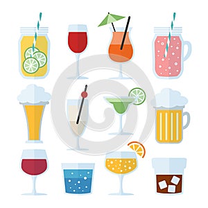 Set of alcoholic drinks, wine, beer and cocktails. vector icons, flat design. photo