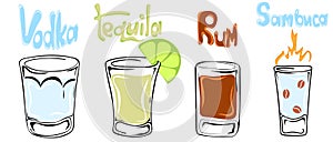 Set of alcoholic shot glases. Hand drawn glasses of vodka, tequila, rum and sambuca
