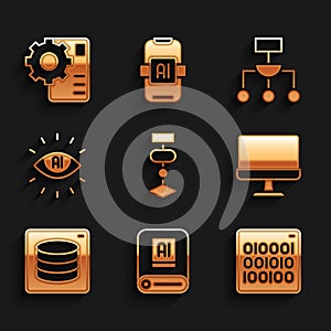 Set Algorithm, Artificial intelligence AI, Binary code, Computer monitor, Server, Data, and Neural network icon. Vector
