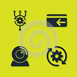 Set Algorithm, Gear and arrows as workflow, Web camera and Cash back icon. Vector