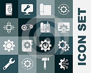 Set Algorithm, Gear, Computer monitor and gear, Graphing paper for engineering, Timing belt kit, Processor with