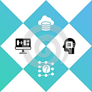Set Algorithm, Neural network, Cloud database and Humanoid robot icon. Vector