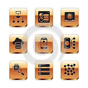 Set Algorithm, Processor CPU, Server, Data, Mobile phone, Cloud database, Neural network and Computer api interface icon