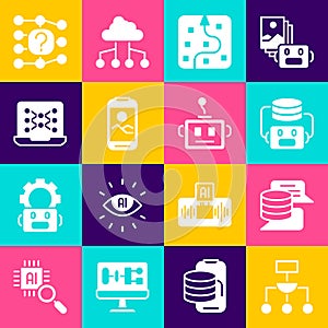 Set Algorithm, Server, Data, Artificial intelligence robot, Neural network, Mobile phone, and icon. Vector