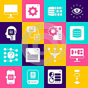 Set Algorithm, Server, Data, Binary code, Artificial intelligence robot, Humanoid, Computer monitor and Neural network