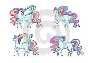 Set of alicorn, unicorn, pegasus and horse. Vector illustration in cartoon style