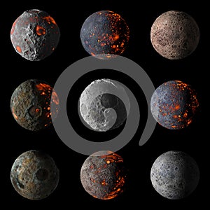 Set of Alien hot planets on black background 3d rendering.