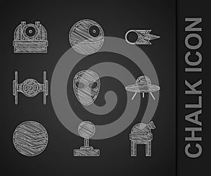 Set Alien, Joystick, Astronomical observatory, UFO flying spaceship, Planet, Cosmic, Comet falling down fast and icon