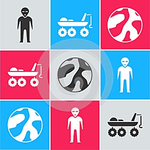 Set Alien, Mars rover and Planet icon. Vector