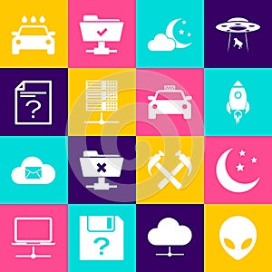 Set Alien, Moon and stars, Rocket ship with fire, Cloud moon, Server, Data, Web Hosting and Unknown document icon