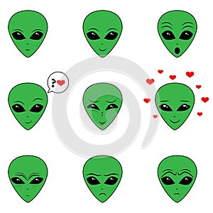 Set of alien`s emotion. UFO characters, various feelings. Humanoid faces. Avatars of visitors