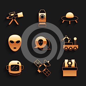 Set Alien, Satellite, Astronomical observatory, Mars rover, Astronaut helmet, UFO flying spaceship and Telescope icon