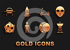 Set Alien, Satellite dish, Moon, Planet, Mars rover, UFO flying spaceship and Rocket icon. Vector