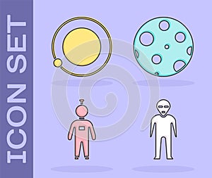 Set Alien, Satellites orbiting the planet Earth, Astronaut and Moon icon. Vector