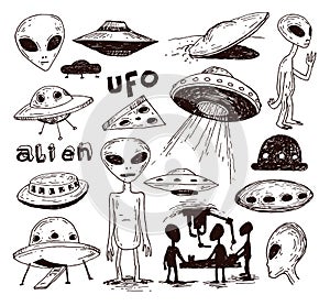 Set of alien and ufo icon, hand drawn vector illustration