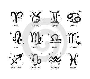 Set of all 12 zodiac signs symbols drawn by brush with stars, vintage boho design for calendar, astrology emblems
