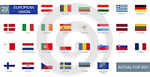 Set of all flags of European countries in rectangular shape with description - Vector