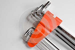 A set of allen, hex keys,Allen key or Hexagonal key also called inbus lock