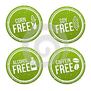 Set of Allergen free Badges. Corn free, Soy free, Alcohol free, Caffein free. Vector hand drawn Signs. Can be used for packaging