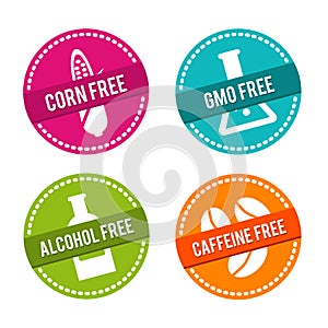 Set of Allergen free Badges. Corn free, GMO free, Alcohol free, Caffeine free. Vector hand drawn Signs. Can be used for packaging