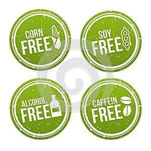 Set of Allergen free Badges. Corn free, Soy free, Alcohol free, Caffein free. Vector hand drawn Signs. Can be used for packaging D