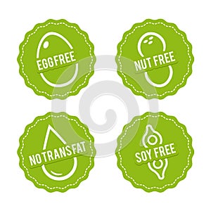 Set of Allergen free Badges. Egg free, Nut free, Soy free, No trans fat. Vector hand drawn Signs. Can be used for packaging Design