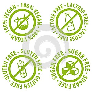 Set of Allergen free Badges. Lactose free, Gluten free, Sugar free, 100% Vegan. Can be used for packaging Design