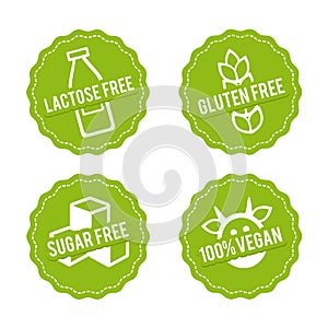 Set of Allergen free Badges. Lactose free, Gluten free, Sugar free, 100% Vegan. Vector hand drawn Signs.