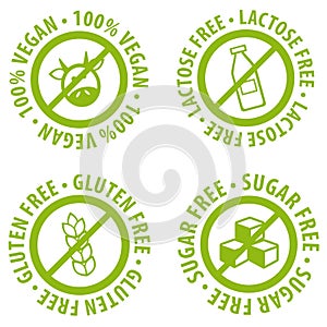 Set of Allergen free Badges. Lactose free, Gluten free, Sugar free, 100% Vegan. Vector hand drawn Signs. Can be used for packaging