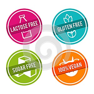 Set of Allergen free Badges. Lactose free, Gluten free, Sugar free, 100% Vegan. Vector hand drawn Signs.