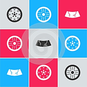 Set Alloy wheel, and Broken windshield icon. Vector