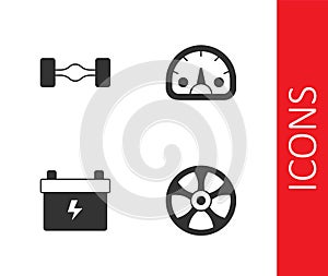 Set Alloy wheel for car, Chassis, Car battery and Speedometer icon. Vector