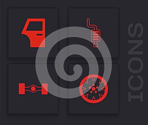 Set Alloy wheel, Car door, muffler and Chassis car icon. Vector