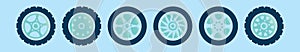 Set of alloy wheel cartoon icon design template with various models. vector illustration isolated on blue background