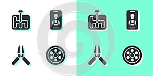 Set Alloy wheel, Gear shifter, Car battery jumper power cable and Online car services icon. Vector