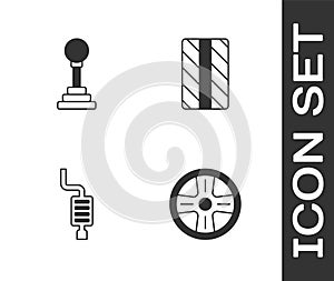 Set Alloy wheel, Gear shifter, Car muffler and tire icon. Vector