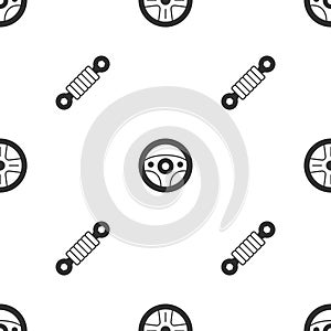 Set Alloy wheel, Steering and Shock absorber on seamless pattern. Vector