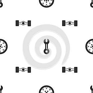 Set Alloy wheel, Wrench spanner and Chassis car on seamless pattern. Vector