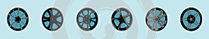 Set of alloy wheels cartoon icon design template with various models. vector illustration isolated on blue background